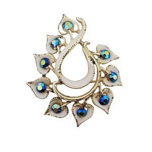 Vtg Enamel Arora Borealis Brooch Pin Peacock Gold Tone White Blue Green Crystals